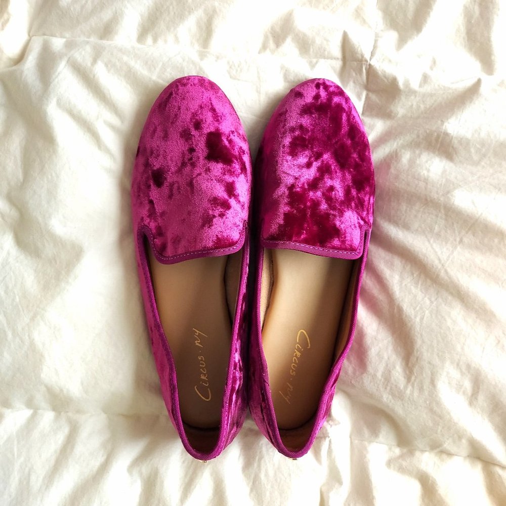 Velvet loafer flats slip-ons dark pink magenta